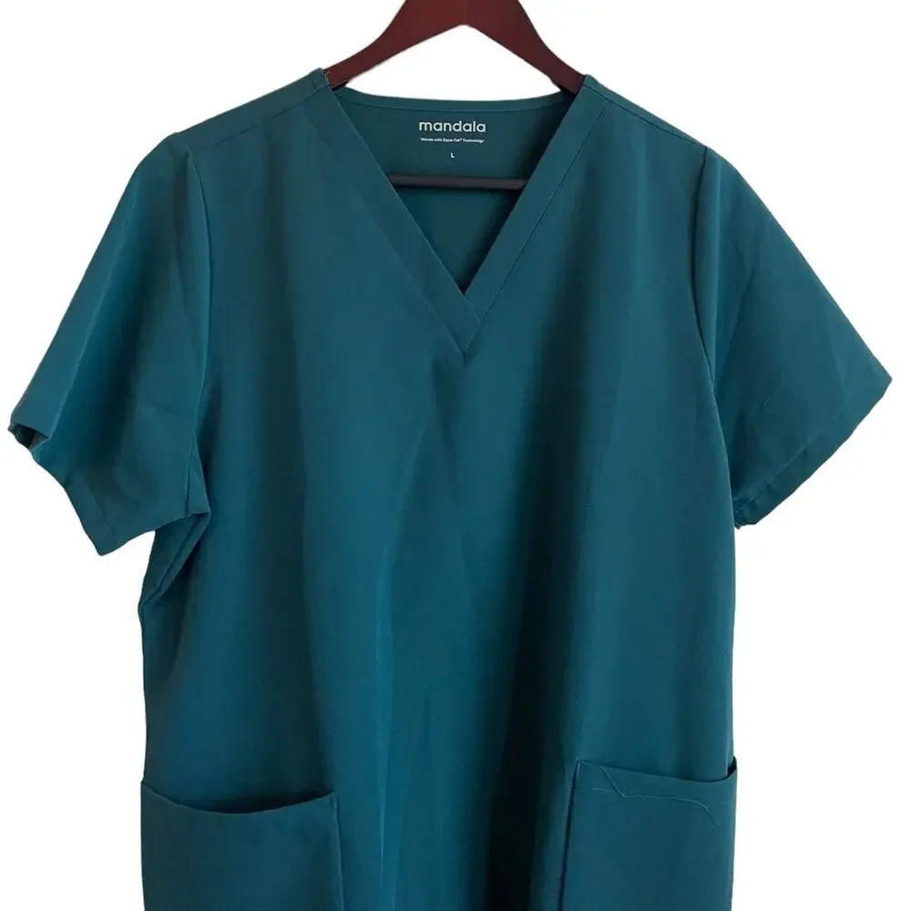 Mandala Women Scrub Top L Dark Green Casual Soft‎ Medical Uniform Nurse Workwear